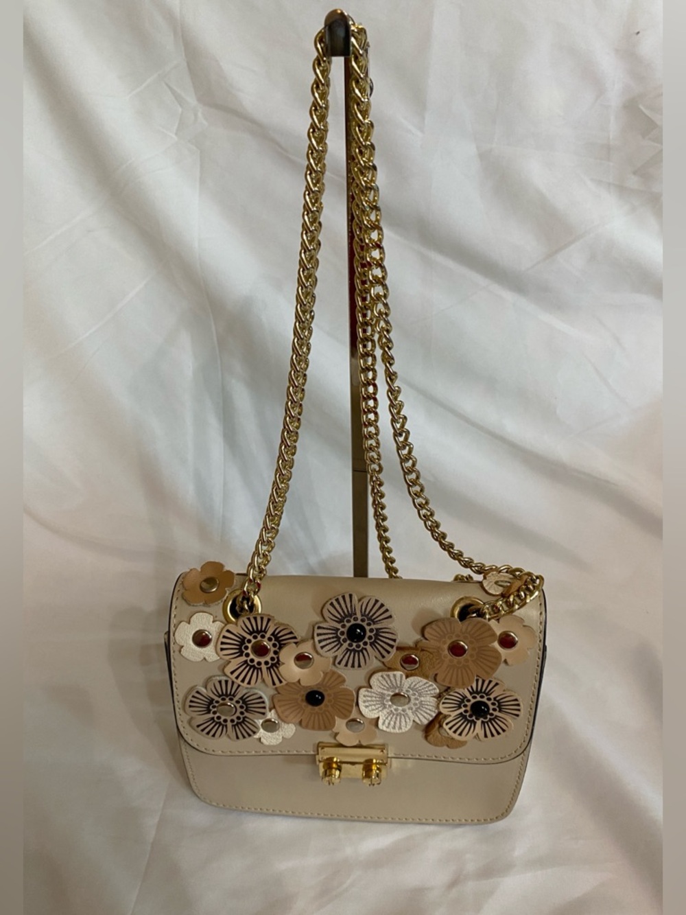 Beige Floral Italian Leather Shoulder Bag, Dinky Size w/Tea Rose Appliqué - Picture 3 of 16